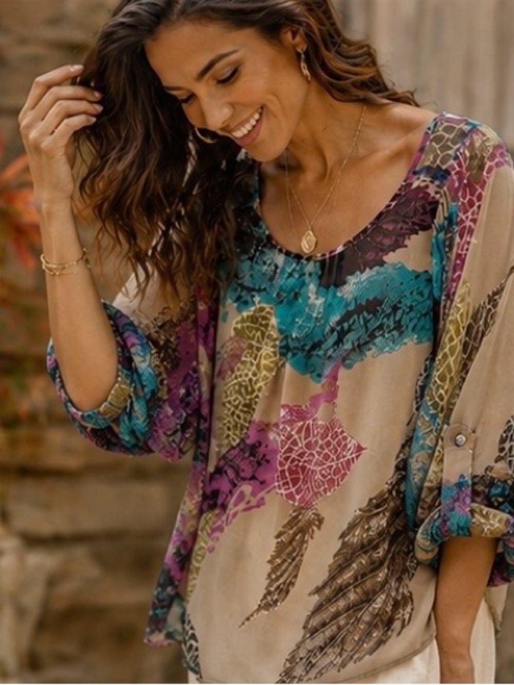 Daytrip Boho Abstract Leaf Print Butterfly Sleeve Blouse Size S